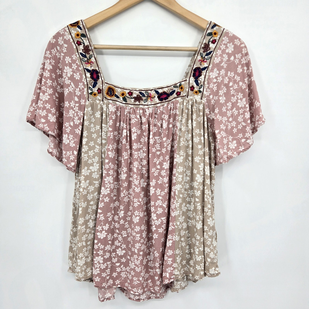 Umgee Ditsy Floral Embroidered Square Neck Flowy Blouse Boho Cottagecore Size M